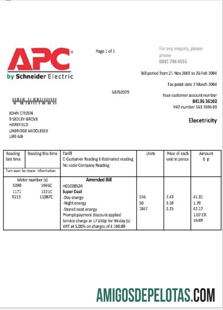 Em branco modelo de fatura de serviços públicos de eletricidade APC do Reino Unido em formato Word e PDF